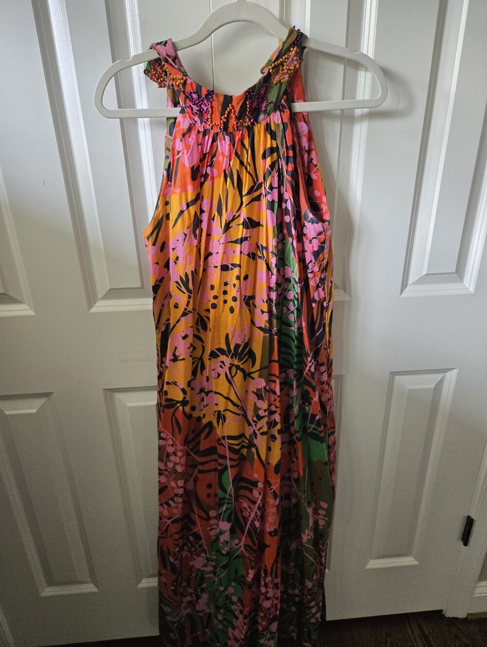 Roopa Pemmaraju Hand-Beaded Tropical Floral Cotton Halter Maxi Dress